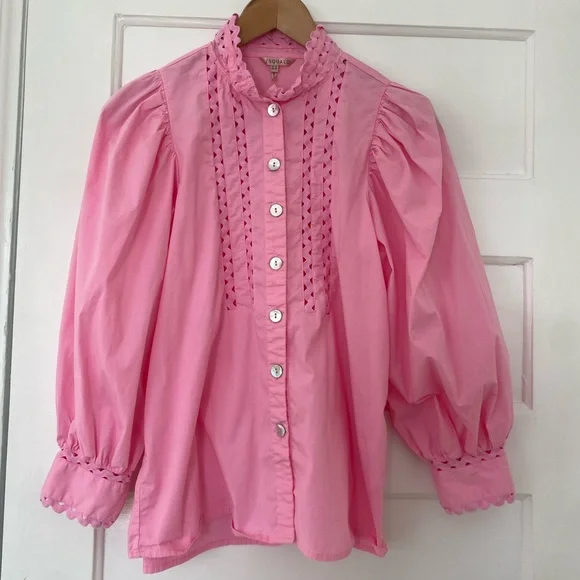 Esqualo puffed sleeve pink cotton poplin blouse - Picture 4 of 11